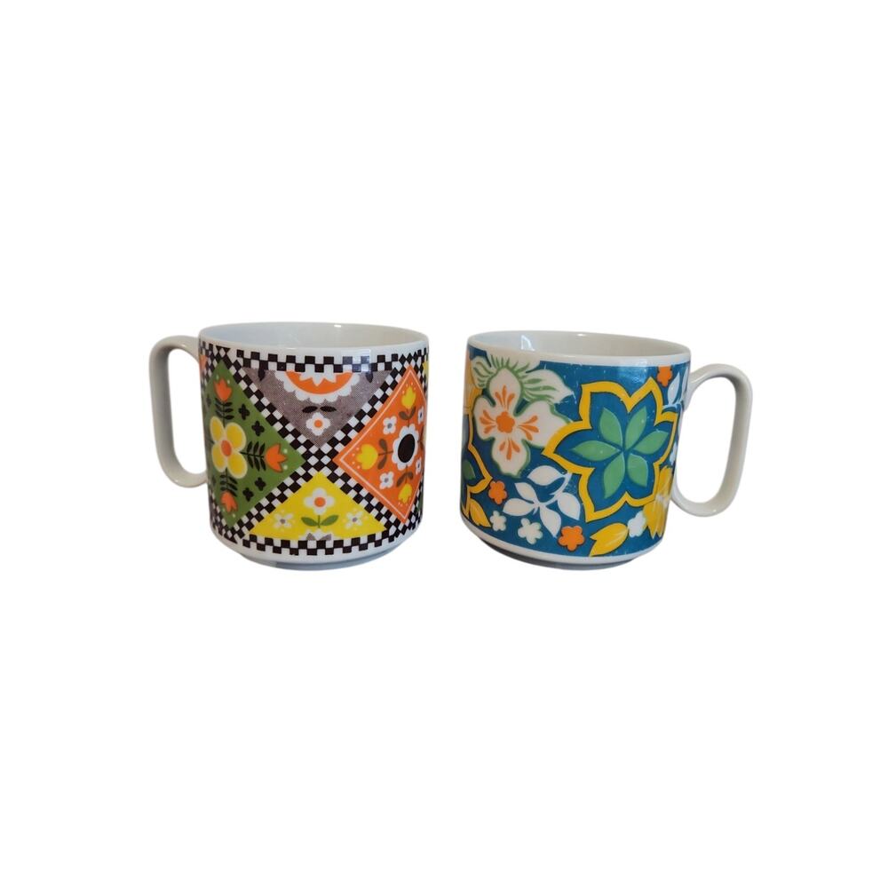 Vintage Ceramic Stacking Mugs Colorful Floral MCM 80s Set Of 2